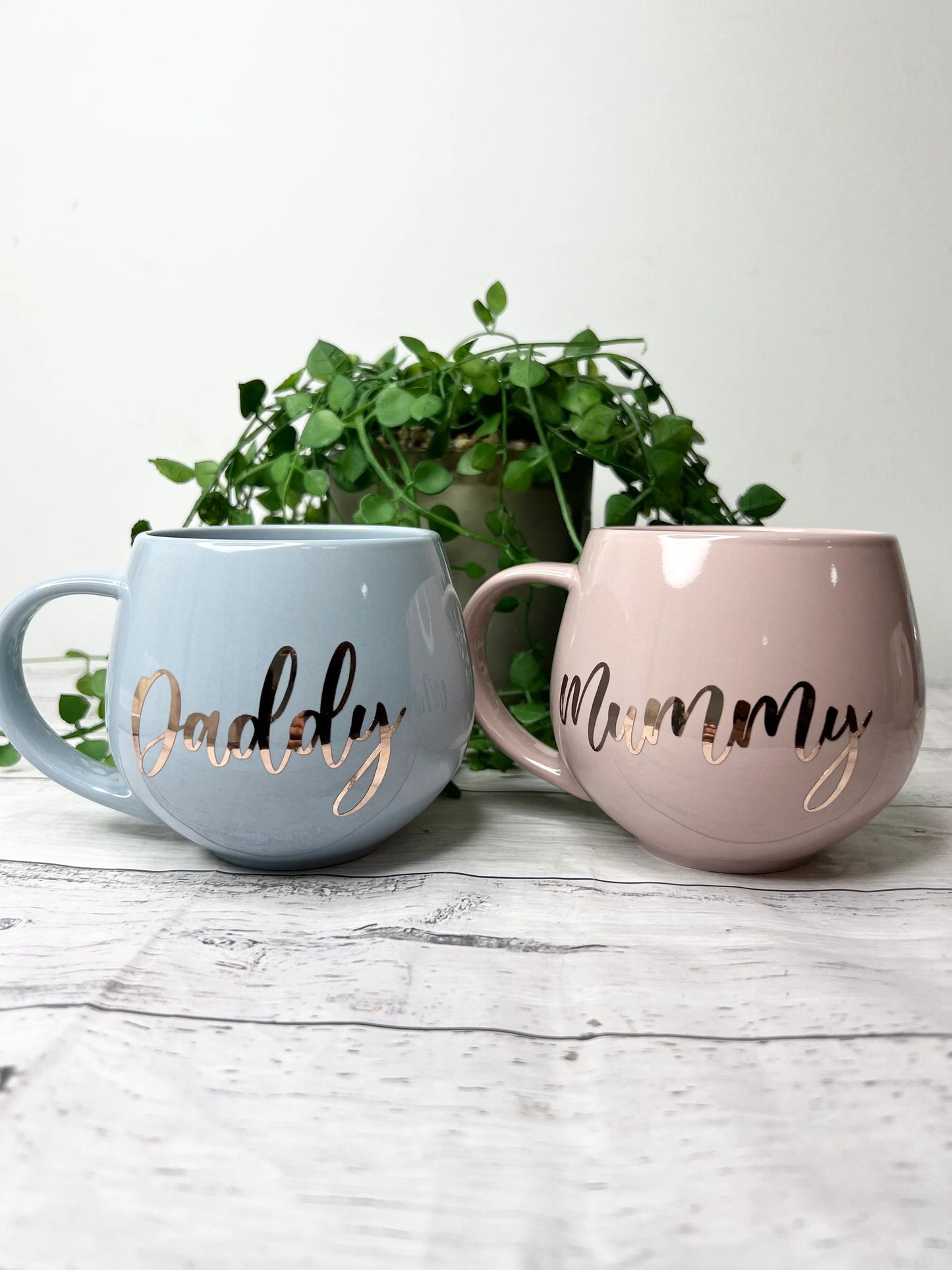 Mummy and Daddy Pink and Blue hug mug set  450ml couple set Rose Gold writing