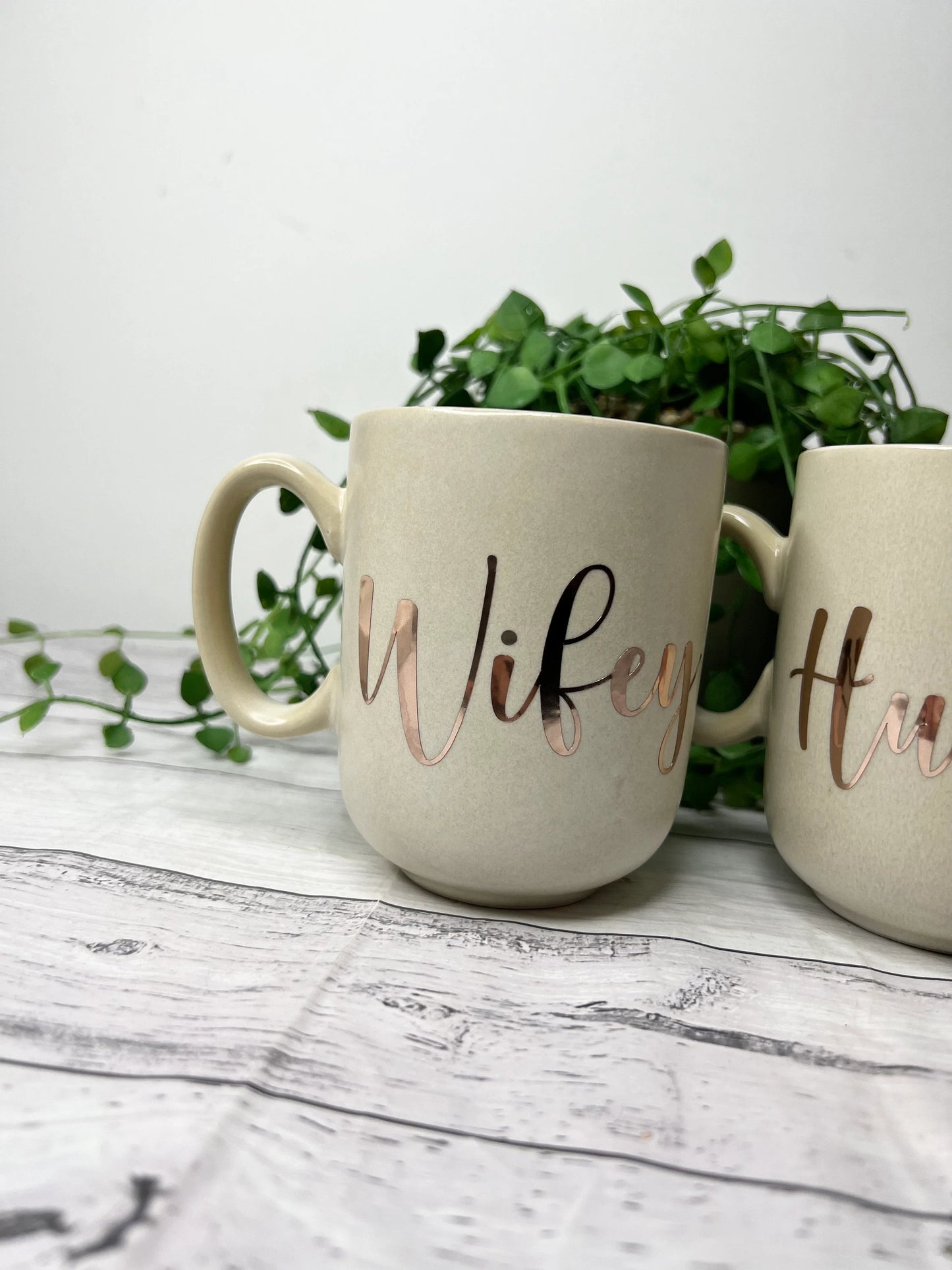 Hubby and Wifey Beige Mug with Rose Gold writing Mug set 380ml