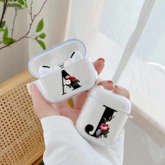 Air pods clear black floral initial case AIRPOD PRO