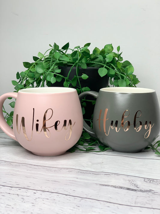 Hubby and Wifey Pink and Charcoal Hug mugs set 450ml
