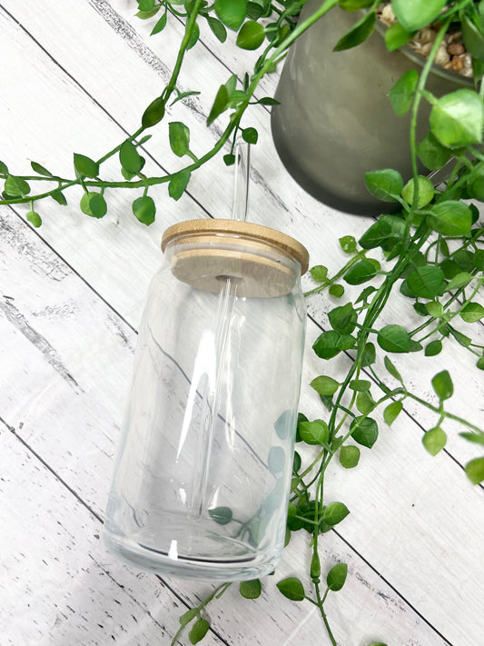 Blank 16 oz Beer can with Bamboo lid and Glass straw