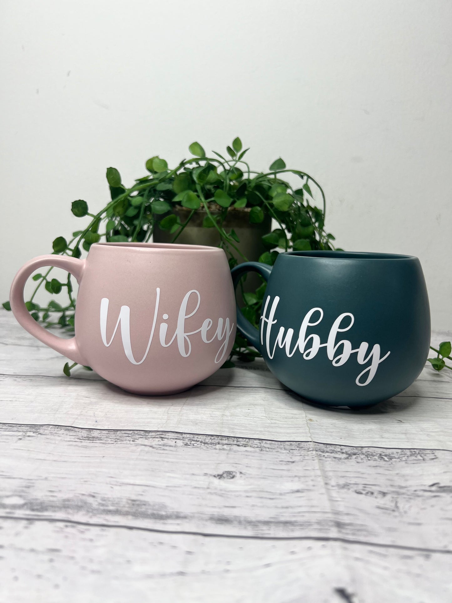 Hubby and wifey Pink and Teal hug mug set  450ml white writing couple set