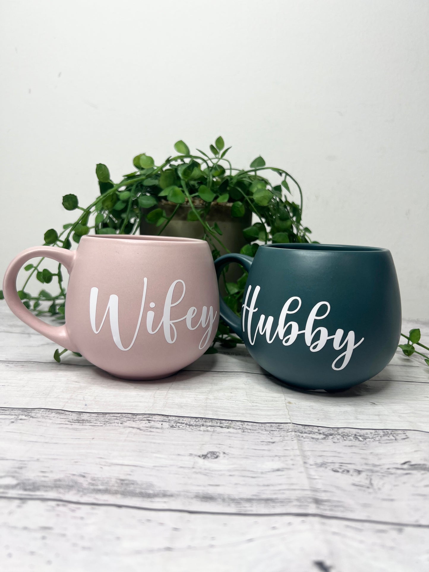 Hubby and wifey Pink and Teal hug mug set  450ml white writing couple set
