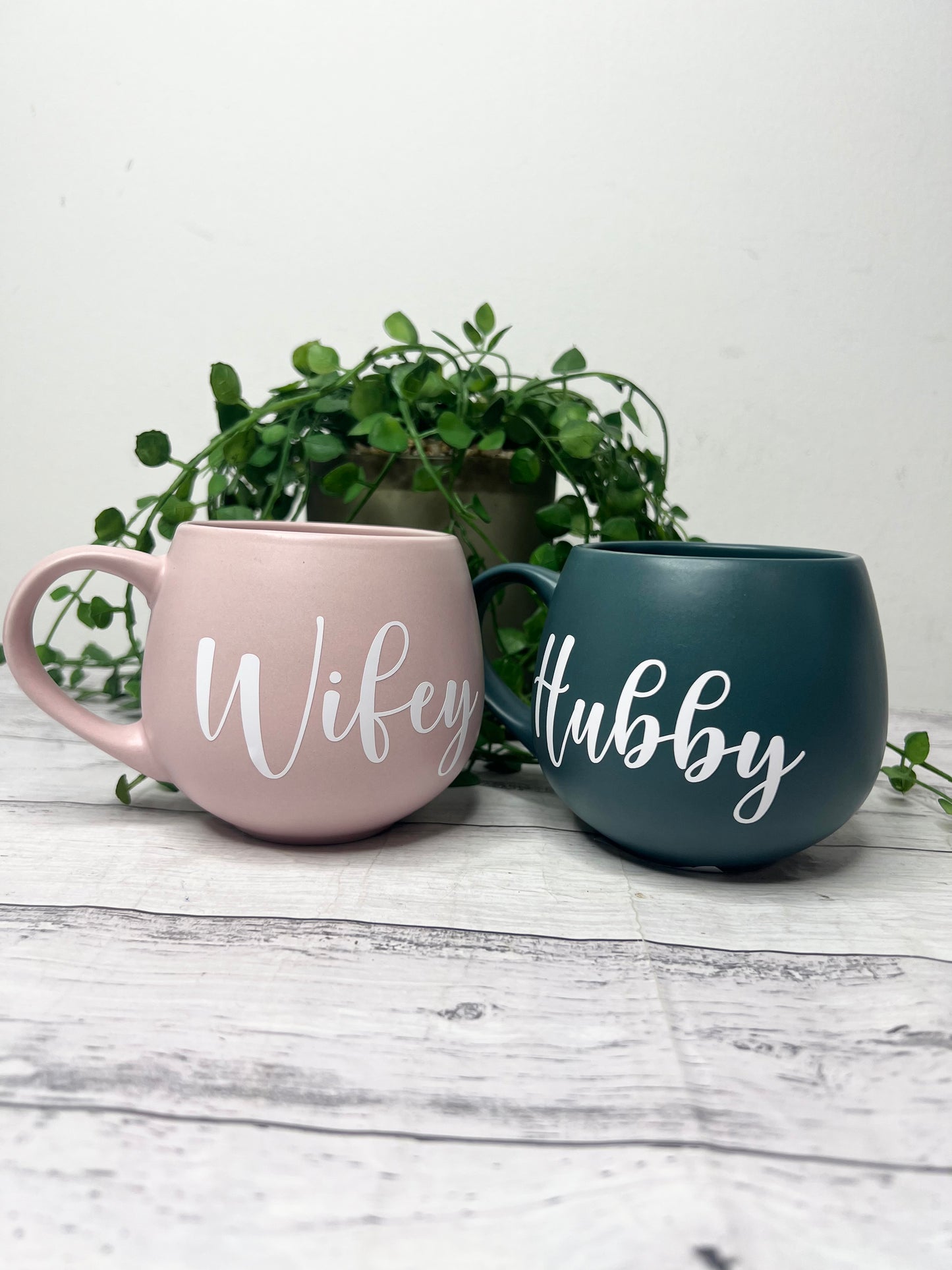 Hubby and wifey Pink and Teal hug mug set  450ml white writing couple set
