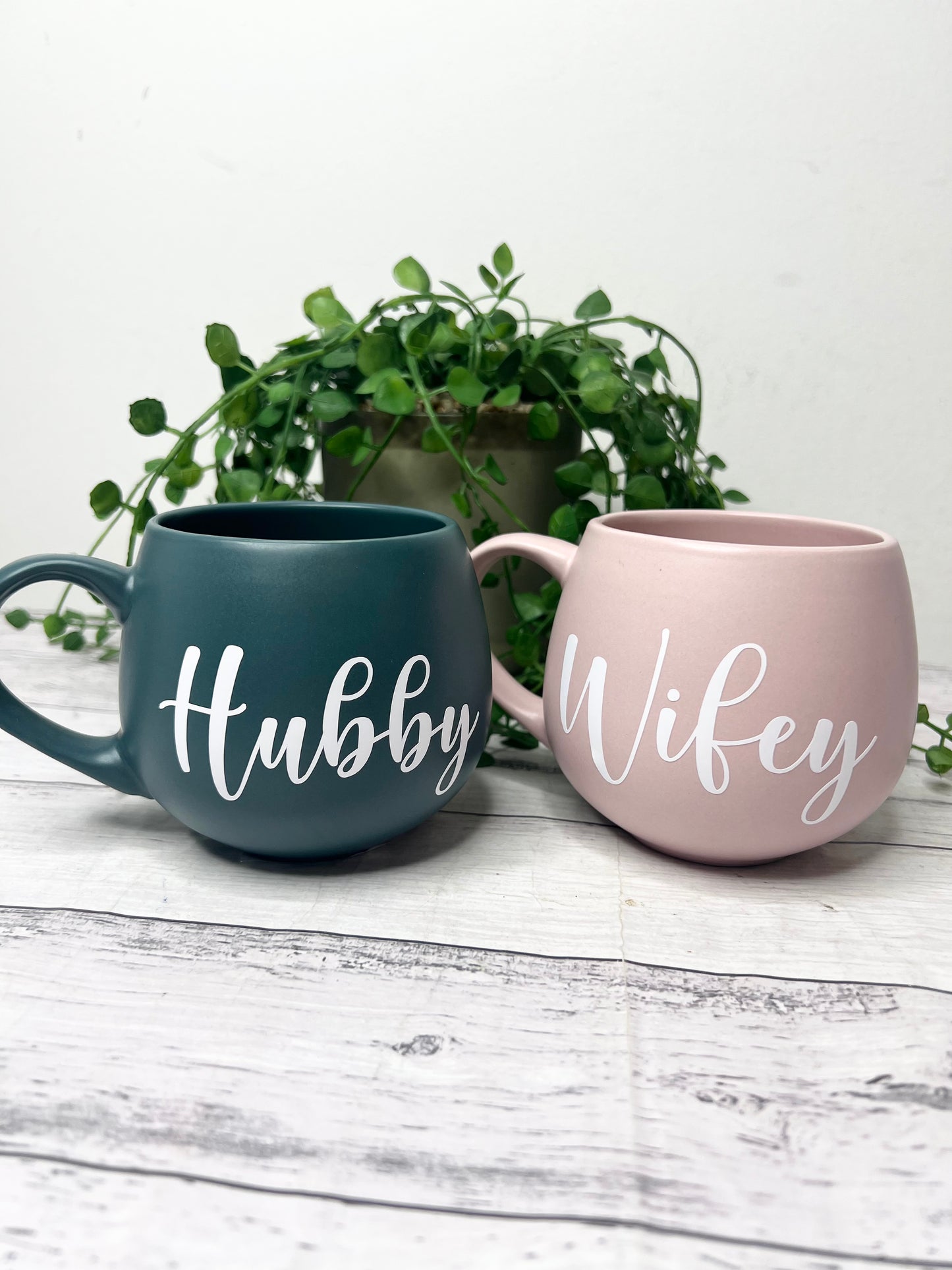 Hubby and wifey Pink and Teal hug mug set  450ml white writing couple set