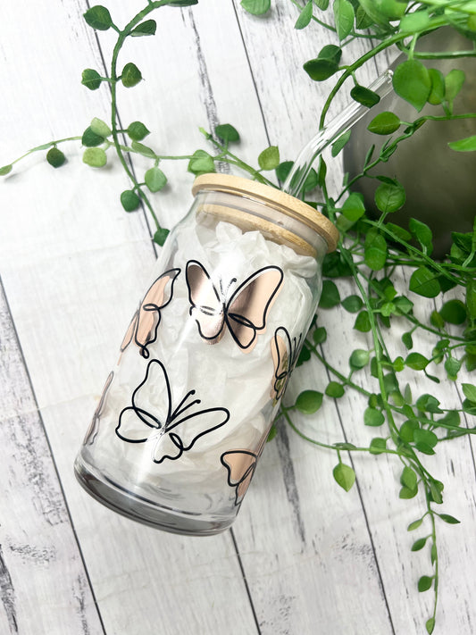 Black Butterfly rose Gold beer can ice coffee glass cup 470ml 16oz with bamboo lid and glass straw