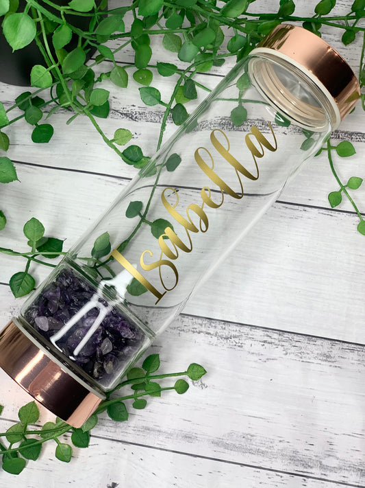 Amethyst crystal personalised name rose gold crystal water bottle with gemstone base and removable tea infuser