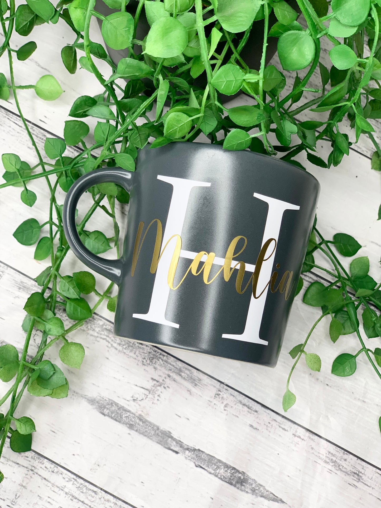 Personalised Dark Grey 300ml Mug with Initial Behind names