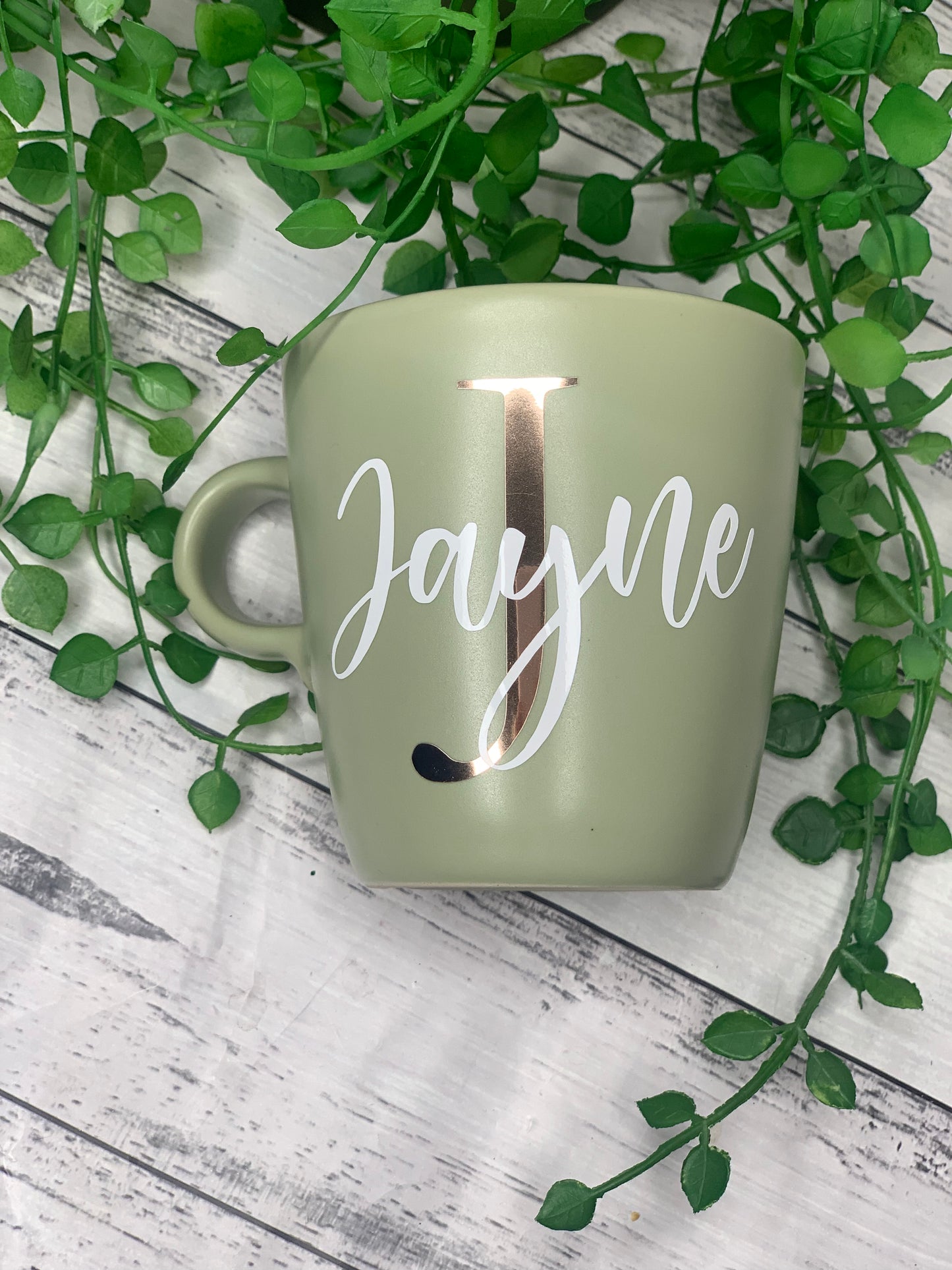 Personalised Green 370ml Mug with Initial Behind names