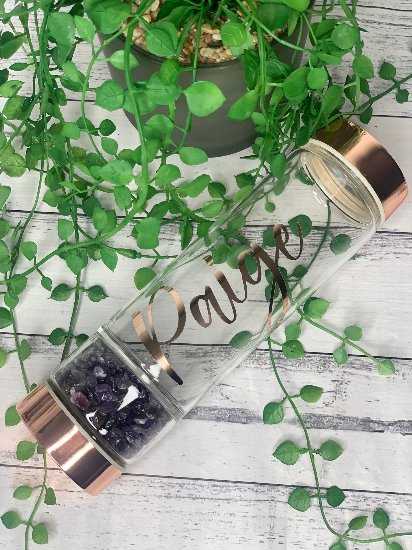 Amethyst crystal personalised name rose gold crystal water bottle with gemstone base and removable tea infuser