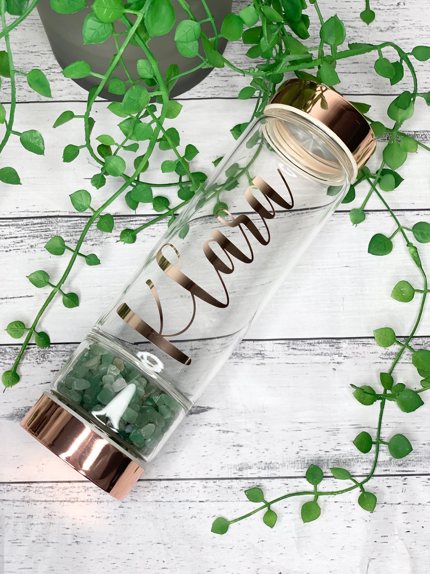 personalised name rose gold crystal water bottle with gemstone base and removable tea infuser Green aventurine crystals