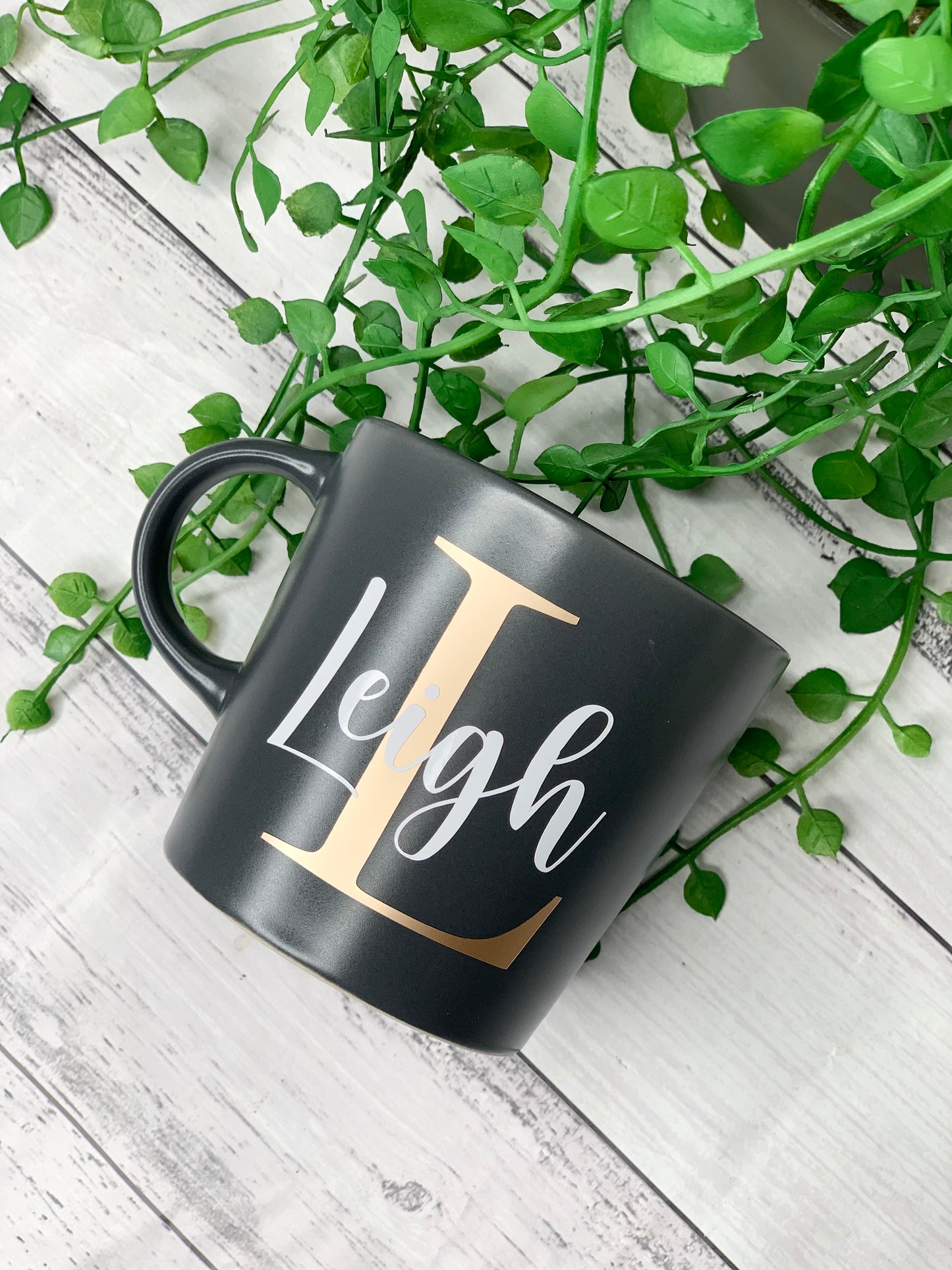 Personalised Dark Grey 300ml Mug with Initial Behind names