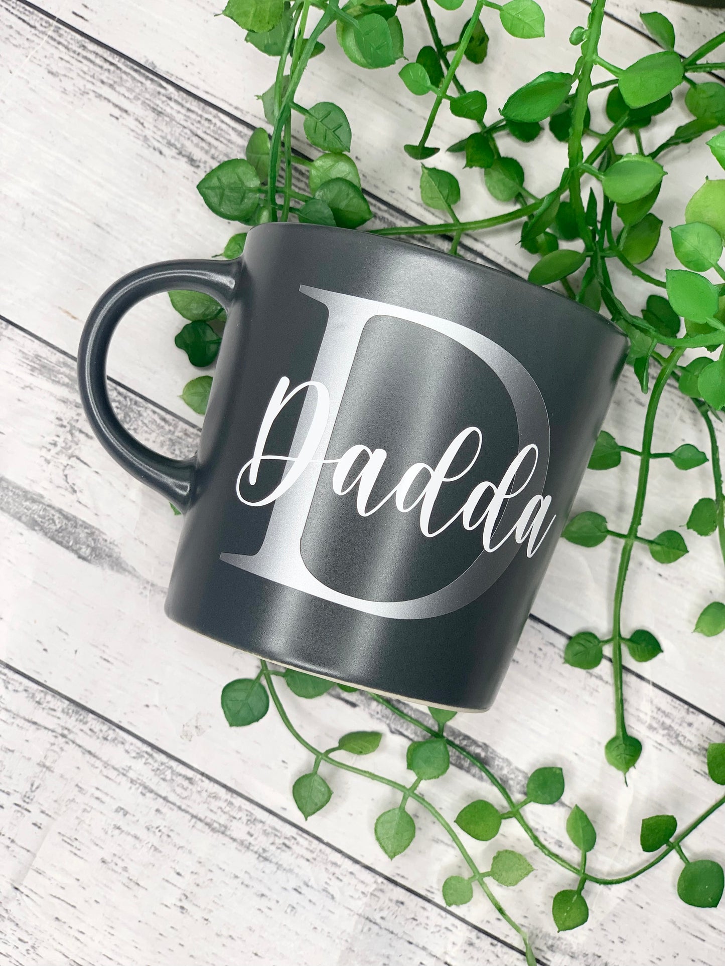 Personalised Dark Grey 300ml Mug with Initial Behind names