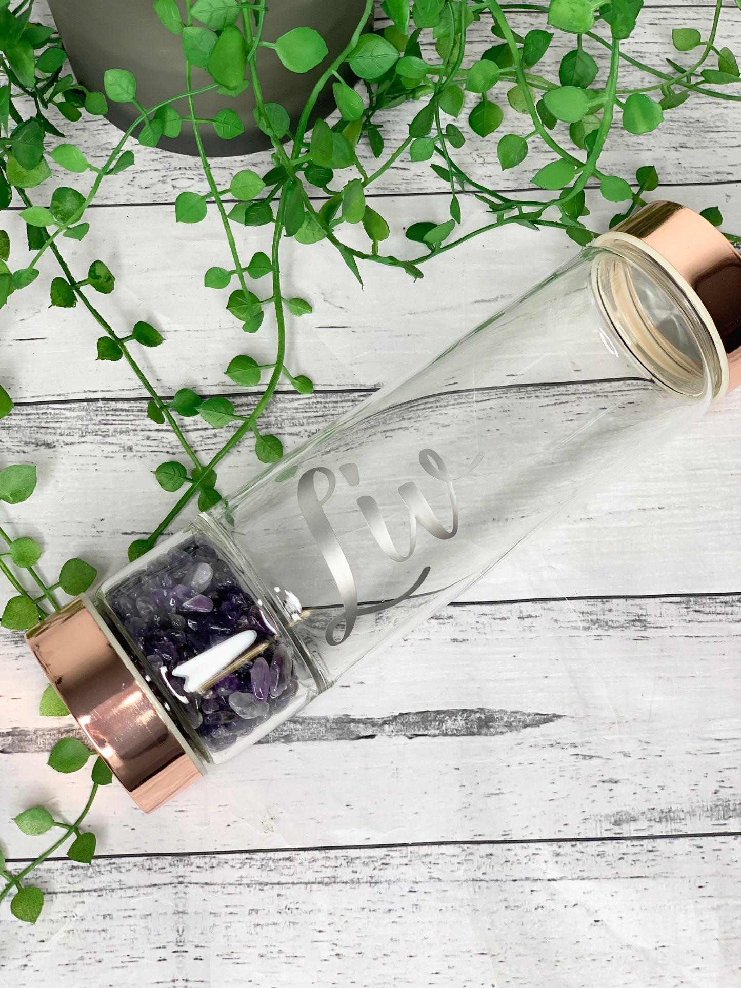 Amethyst crystal personalised name rose gold crystal water bottle with gemstone base and removable tea infuser