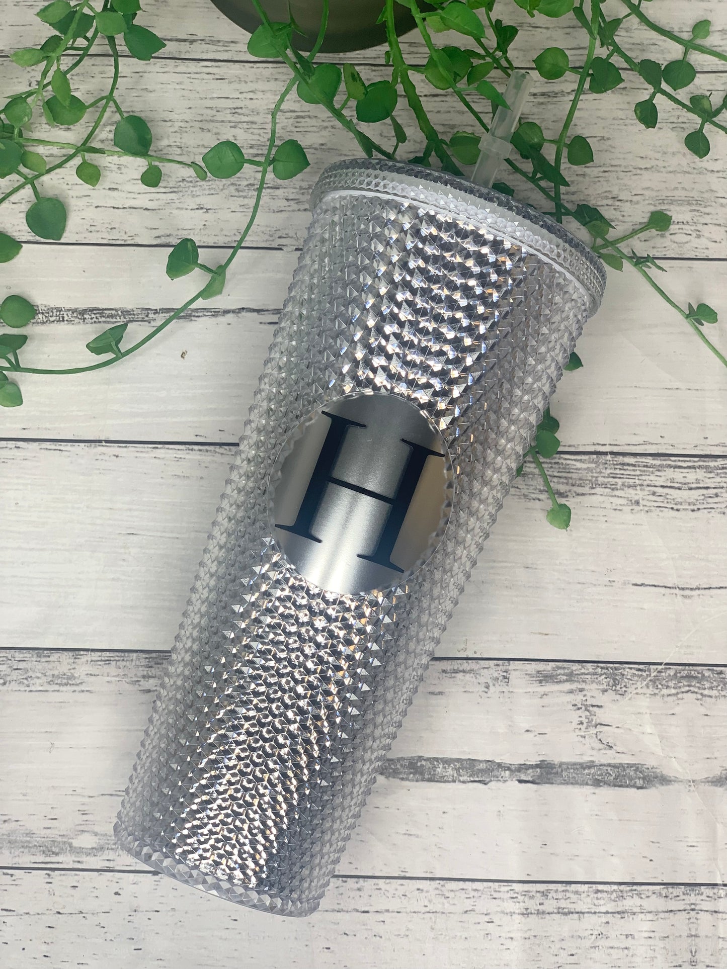 Personalised initial Acrylic studded Silver Tumbler with Straw 24oz - 710ml