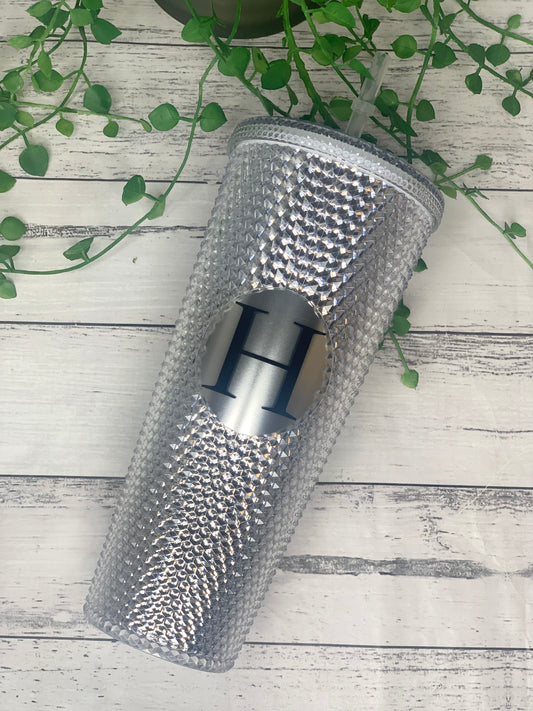Personalised initial Acrylic studded Silver Tumbler with Straw 24oz - 710ml
