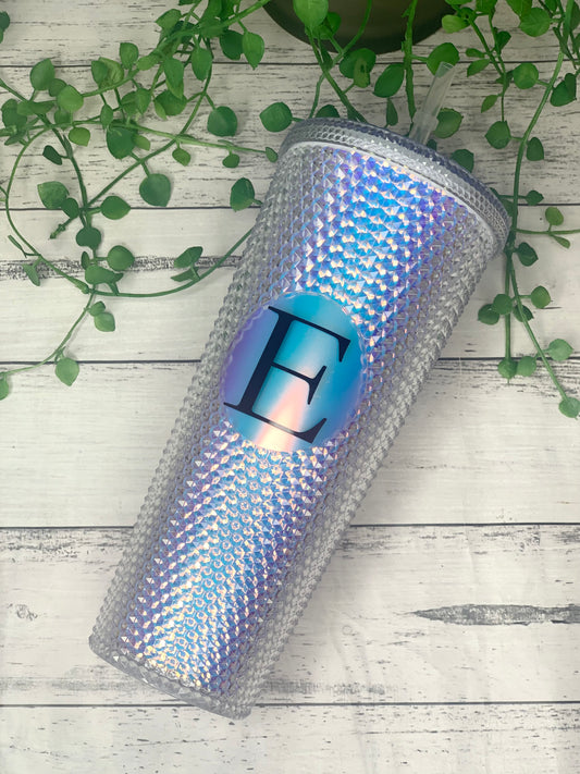 Personalised initial Acrylic studded iridescent Unicorn Tumbler with Straw 24oz - 710ml
