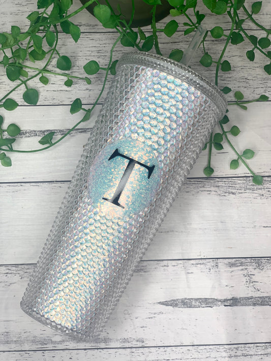 Personalised initial Acrylic studded iridescent White Bling Tumbler with Straw 24oz - 710ml