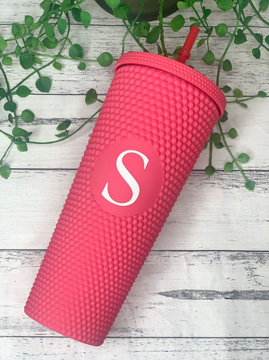 Personalised initial Acrylic studded Pink Tumbler with Straw 24oz - 710ml