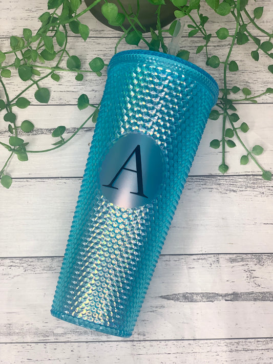 Personalised initial Acrylic studded iridescent blue  Tumbler with Straw 24oz - 710ml