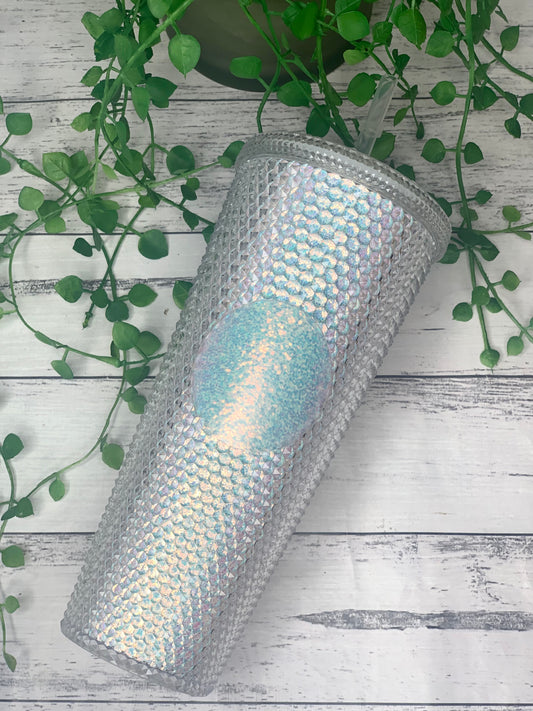 Acrylic studded iridescent White Bling Tumbler with Straw 24oz - 710ml