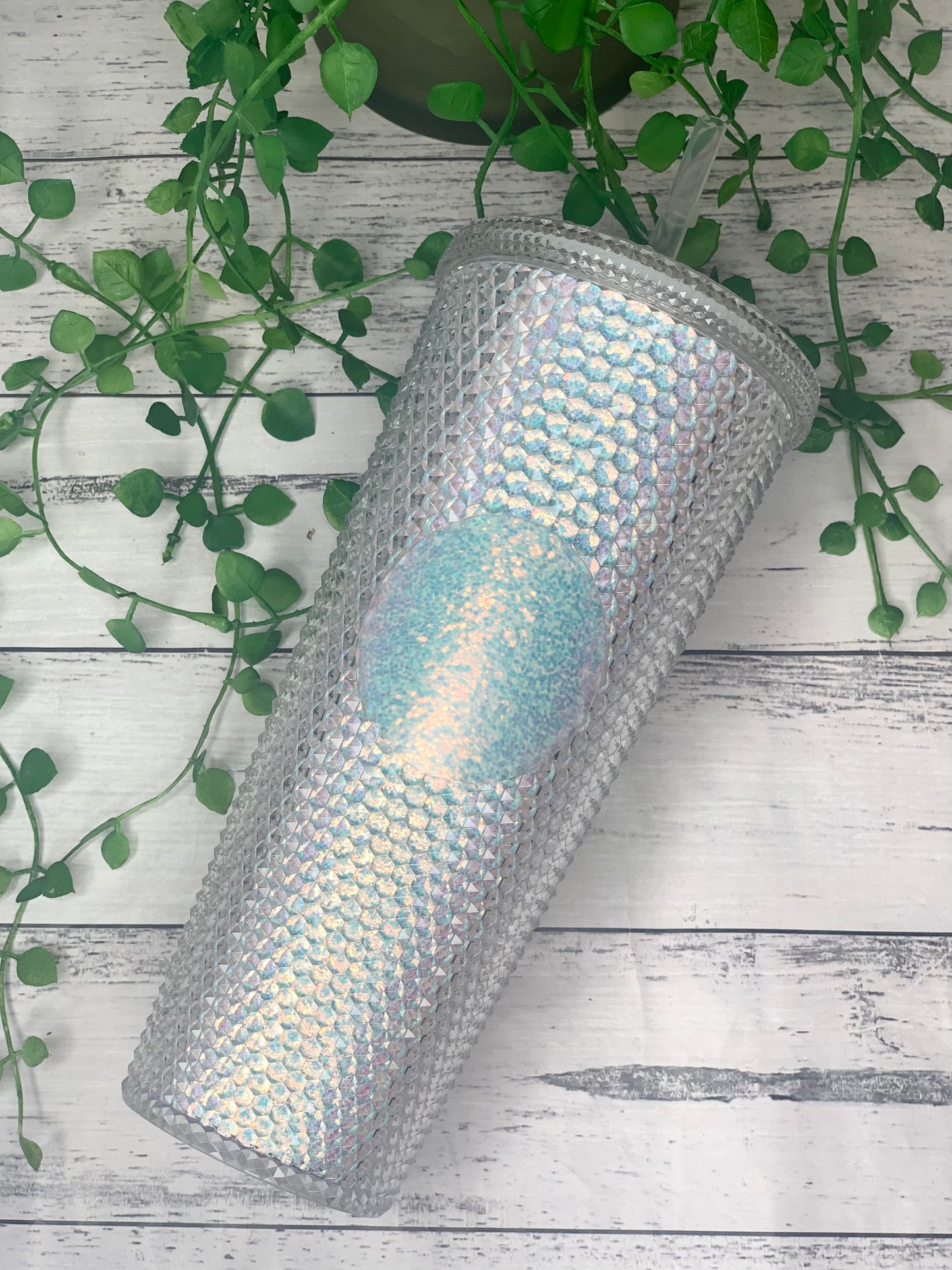 Acrylic studded iridescent White Bling Tumbler with Straw 24oz - 710ml