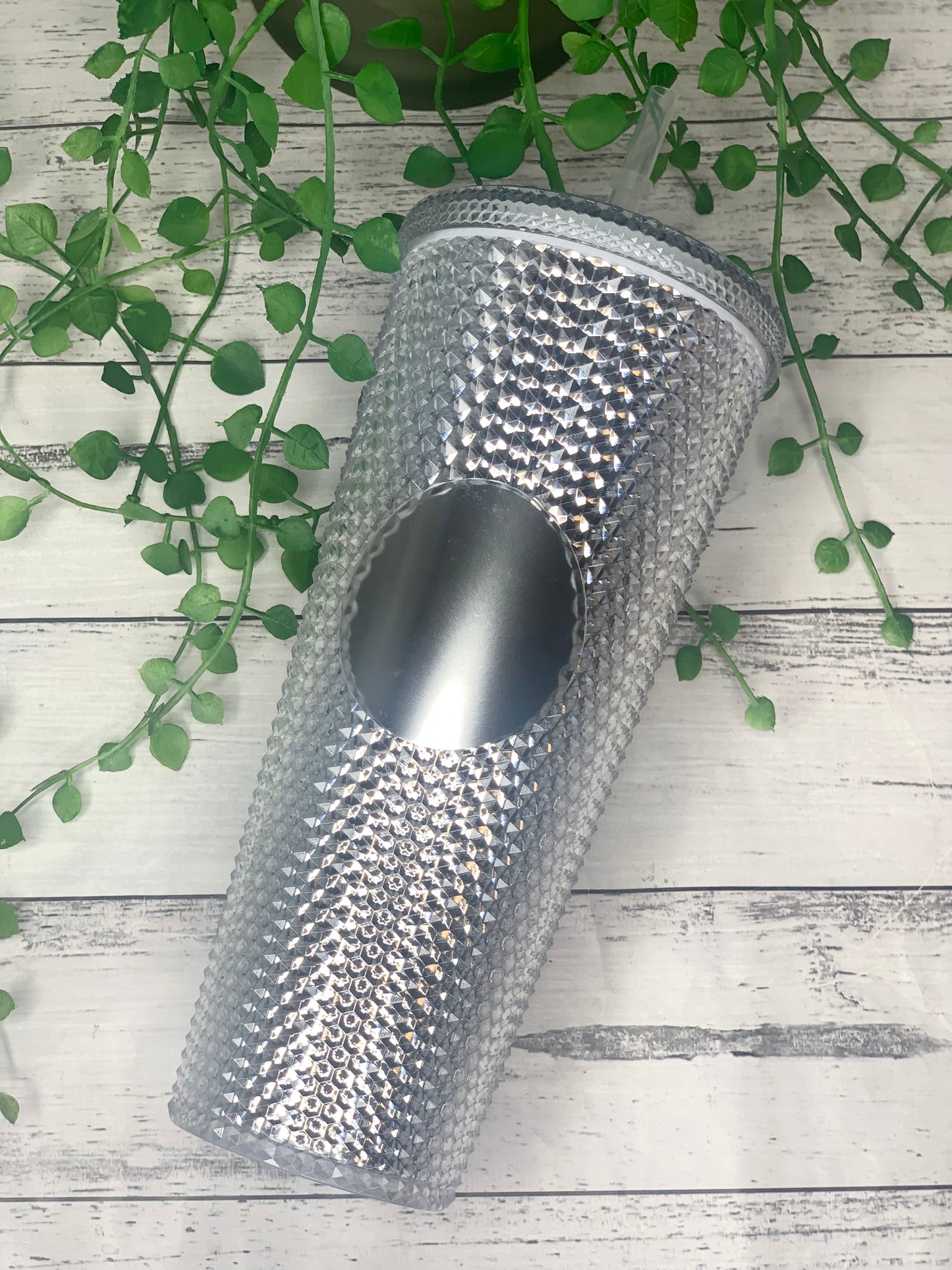 Personalised initial Acrylic studded Silver Tumbler with Straw 24oz - 710ml