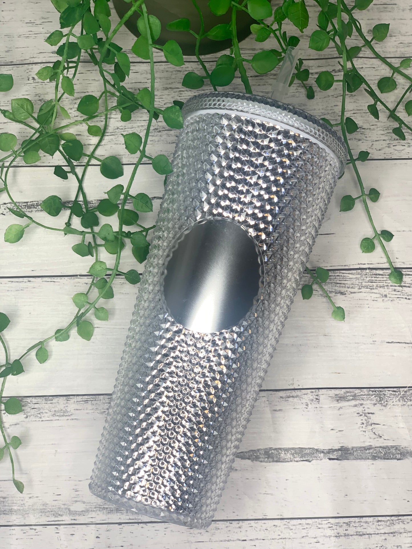 Personalised initial Acrylic studded Silver Tumbler with Straw 24oz - 710ml