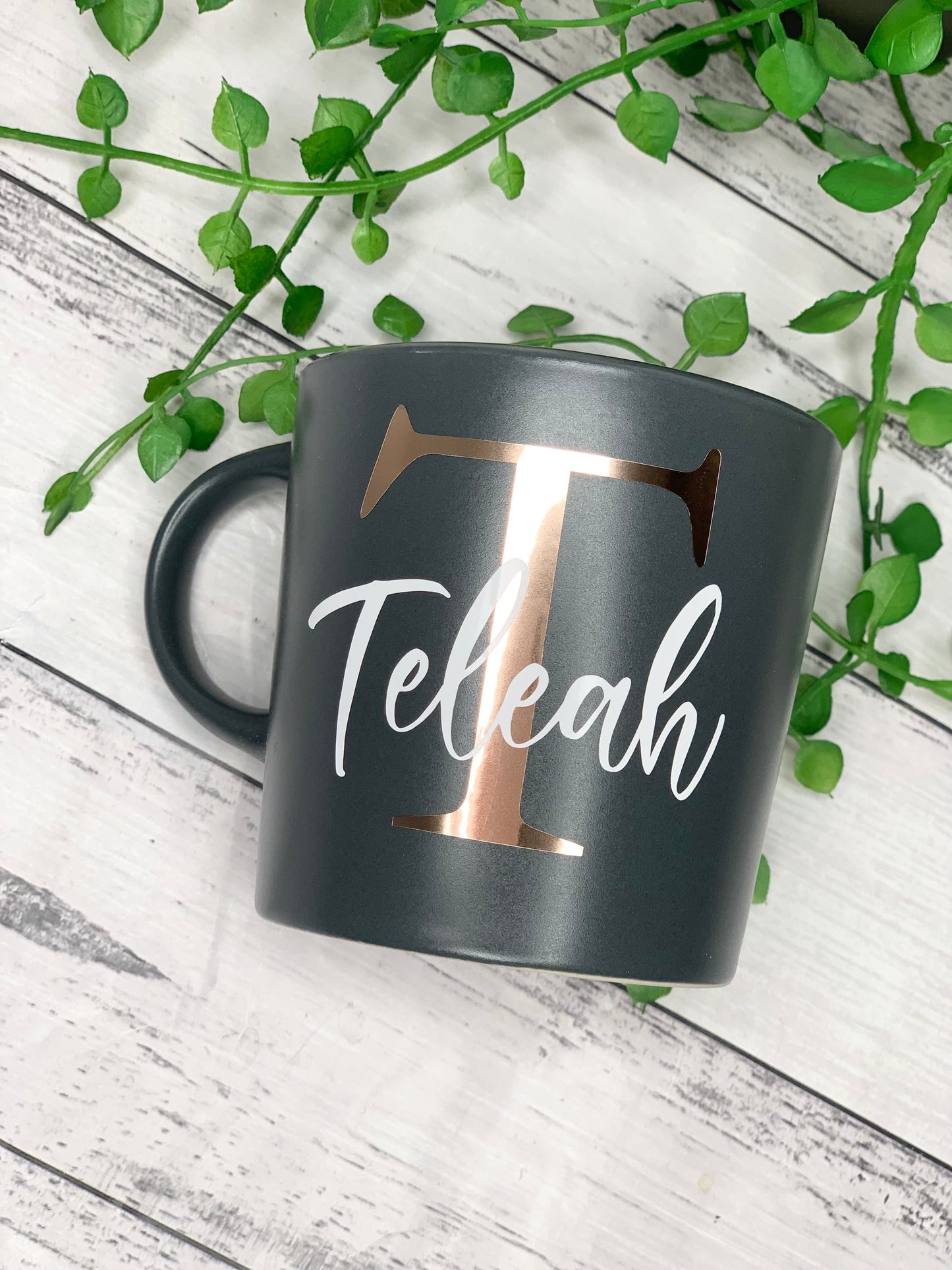 Personalised Dark Grey 300ml Mug with Initial Behind names