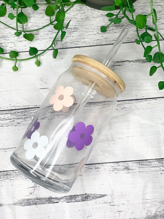 Daisy beer can ice coffee glass cup 16oz 470ml with bamboo lid and glass straw
