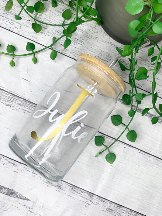 Personalised beer can with Initial Behind name ice coffee glass cup 470ml with bamboo lid and glass straw
