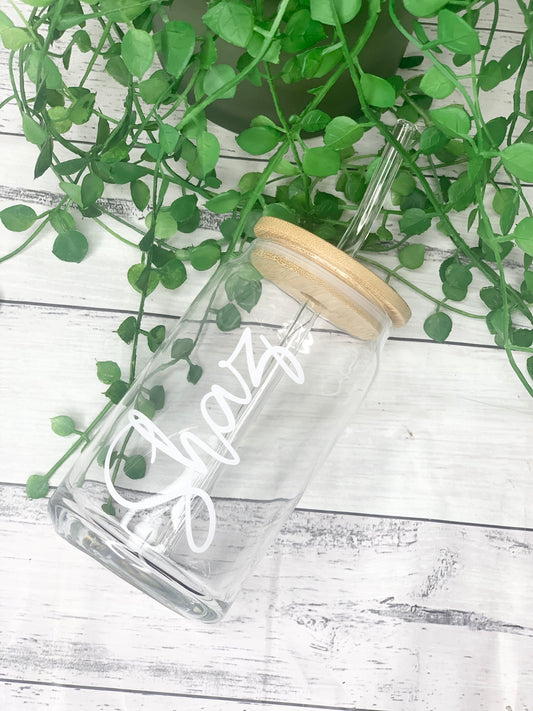 Personalised beer can ice coffee glass cup 470ml with bamboo lid and glass straw 16oz