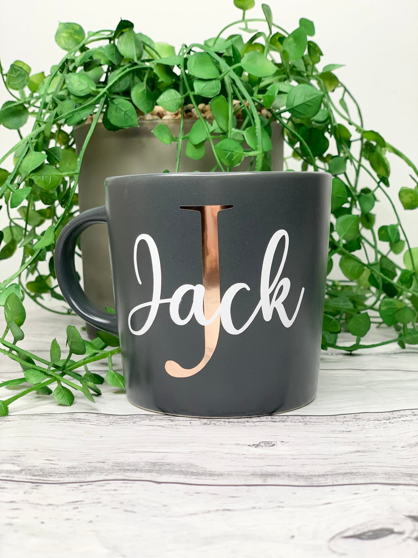 Personalised Dark Grey 300ml Mug with Initial Behind names