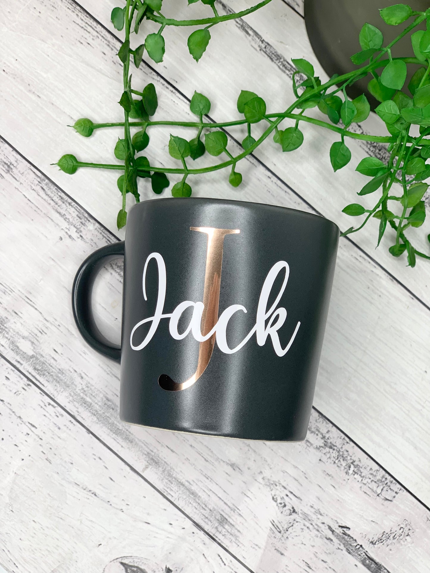 Personalised Dark Grey 300ml Mug with Initial Behind names