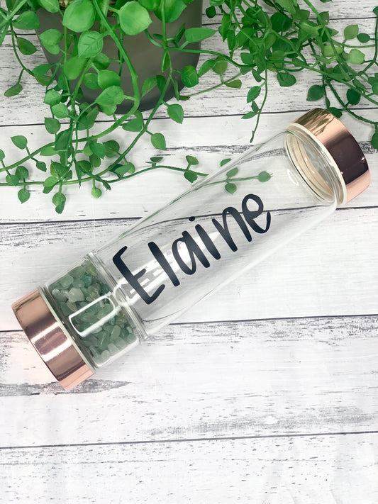 personalised name rose gold crystal water bottle with gemstone base and removable tea infuser Green aventurine crystals