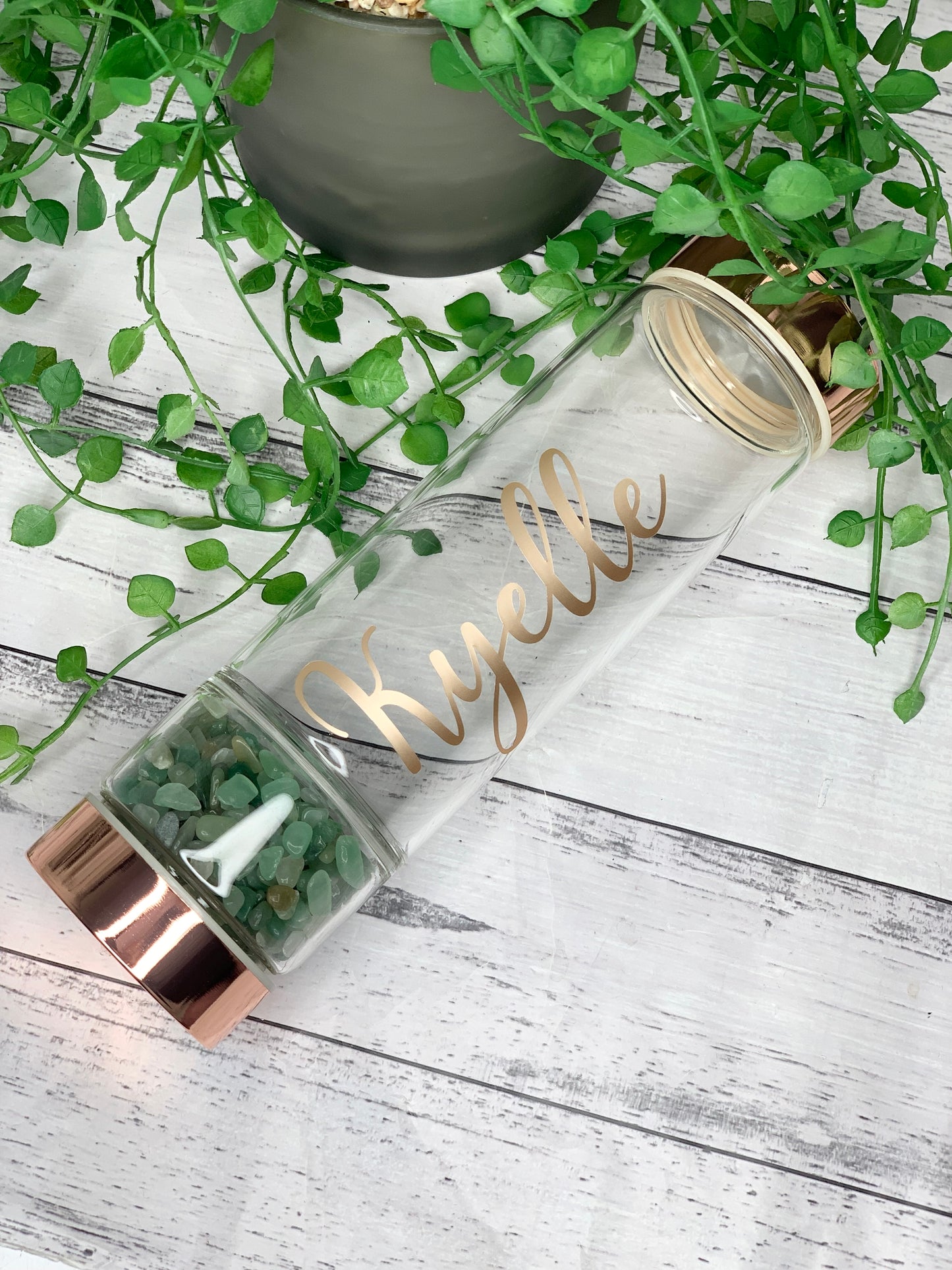 personalised name rose gold crystal water bottle with gemstone base and removable tea infuser Green aventurine crystals
