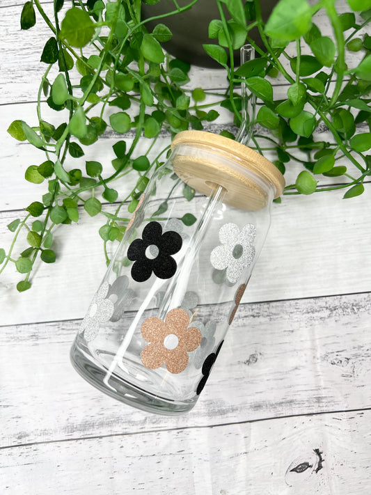 Daisy beer can ice coffee glass cup 470ml 16oz bamboo lid and glass straw Black Gold Silver daisy’s