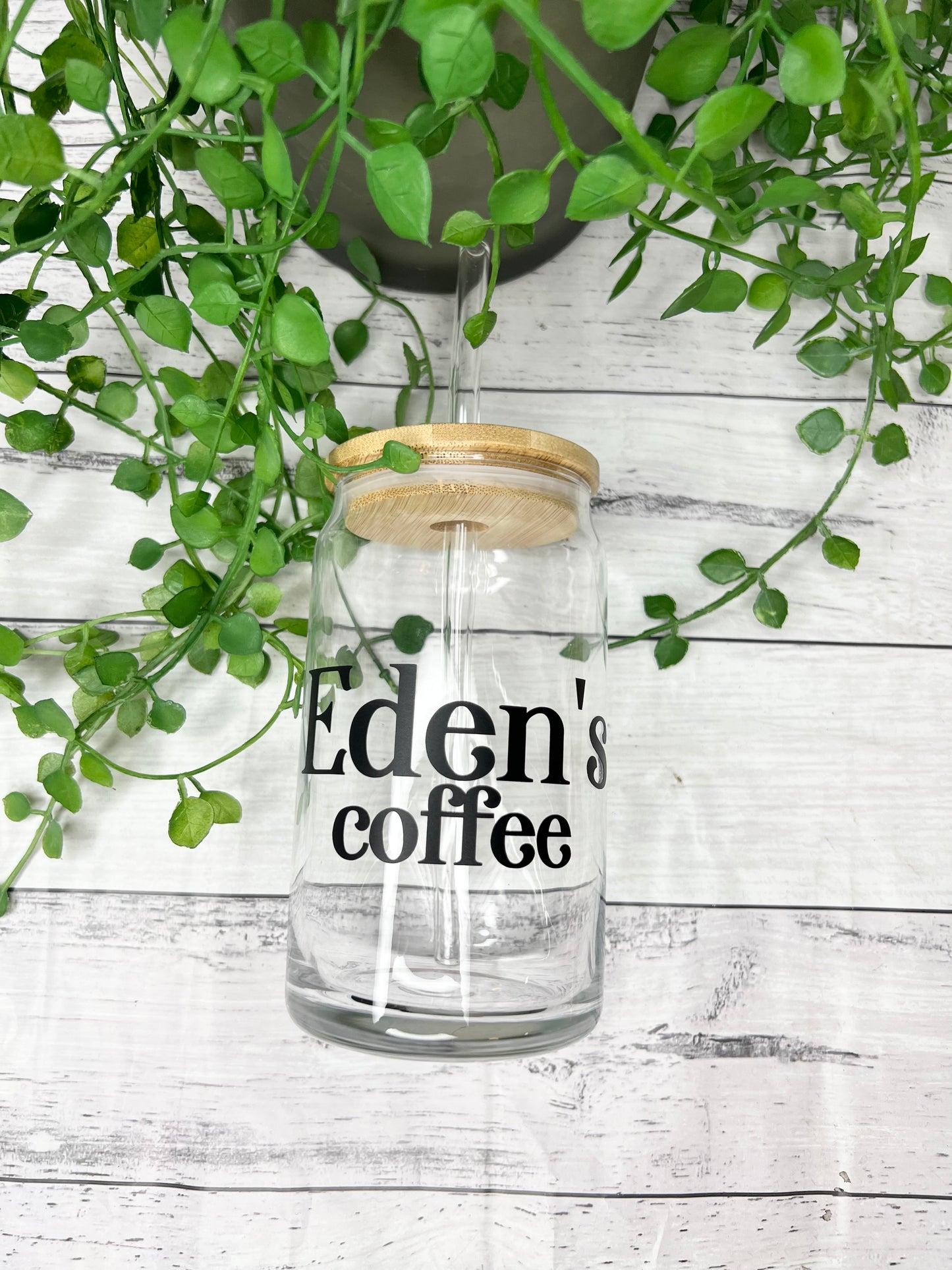 Personalised coffee beer can ice coffee glass cup 470ml with bamboo lid and glass straw
