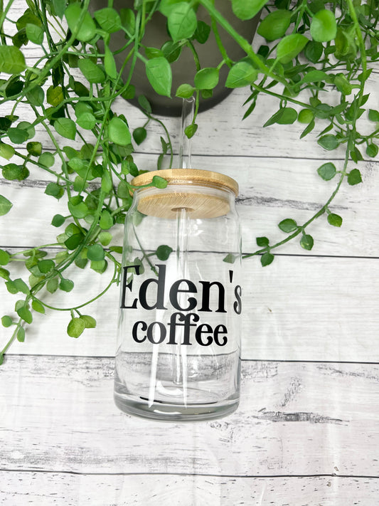 Personalised coffee beer can ice coffee glass cup 470ml with bamboo lid and glass straw