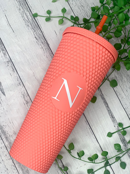 Personalised initial Acrylic studded Coral Matte Tumbler with Straw 24oz - 710ml