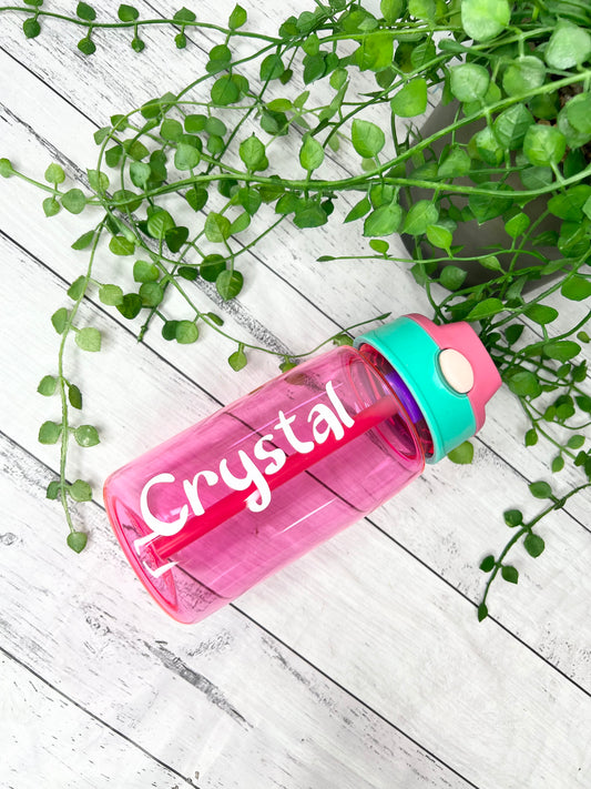 Pink 450ml kids drink water bottle with flip straw inside