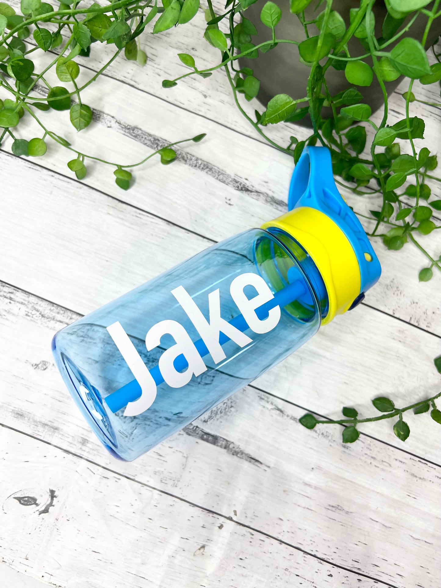 Blue 450ml kids drink water bottle with flip straw inside