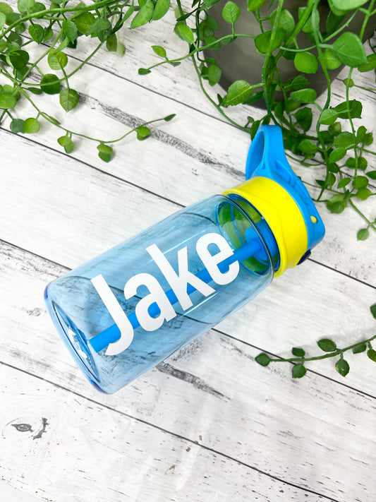 Blue 450ml kids drink water bottle with flip straw inside