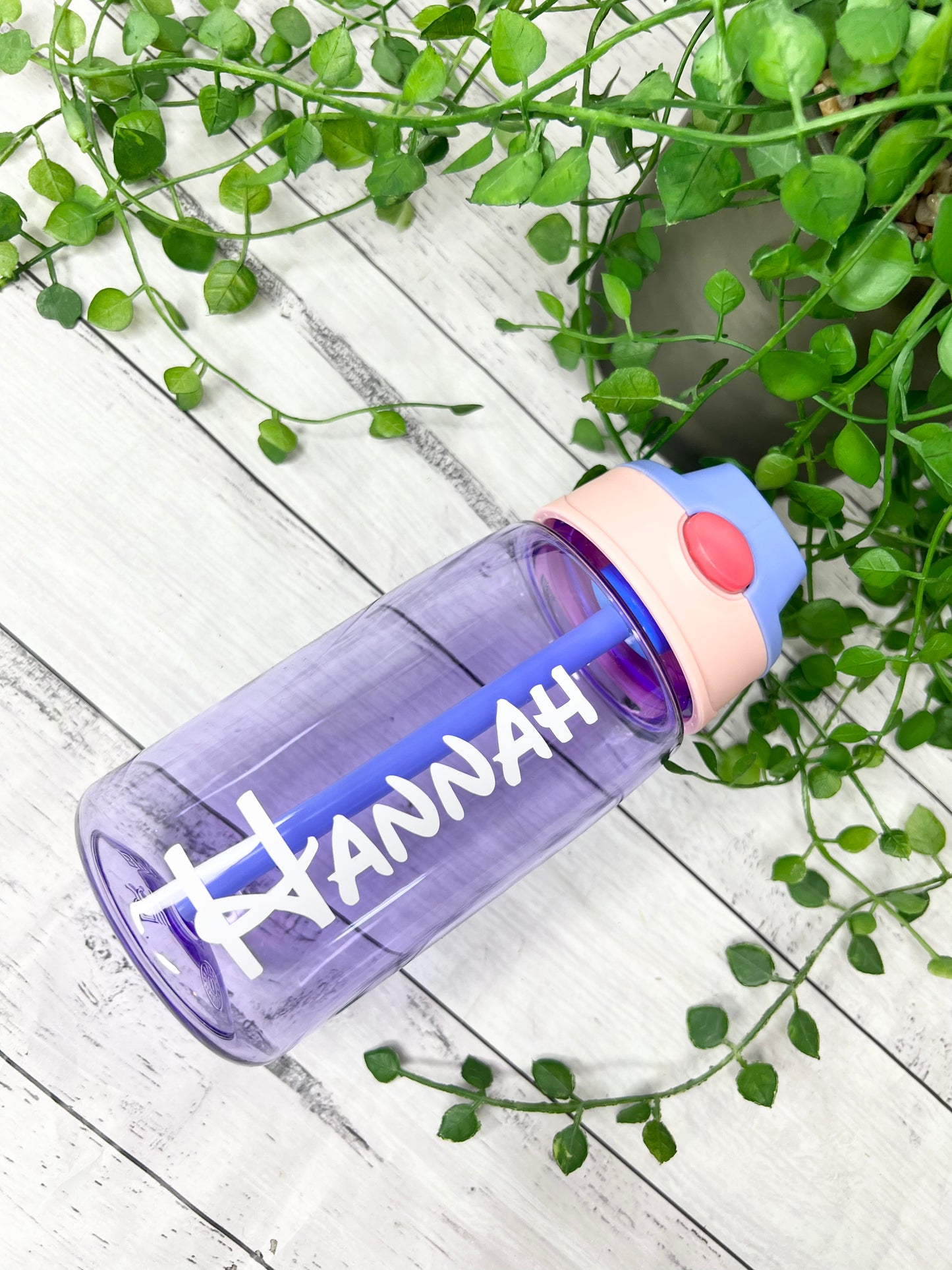 Personalised 450ml purple kids drink water bottle with flip straw inside