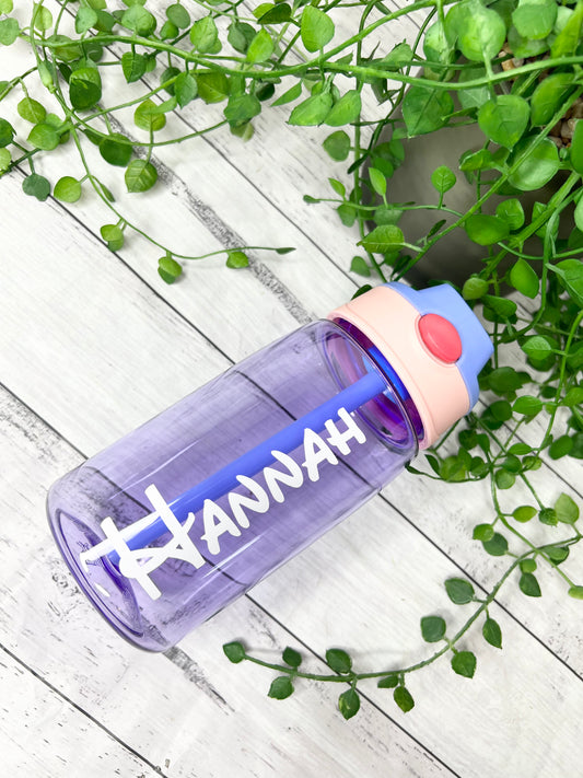 Personalised 450ml purple kids drink water bottle with flip straw inside