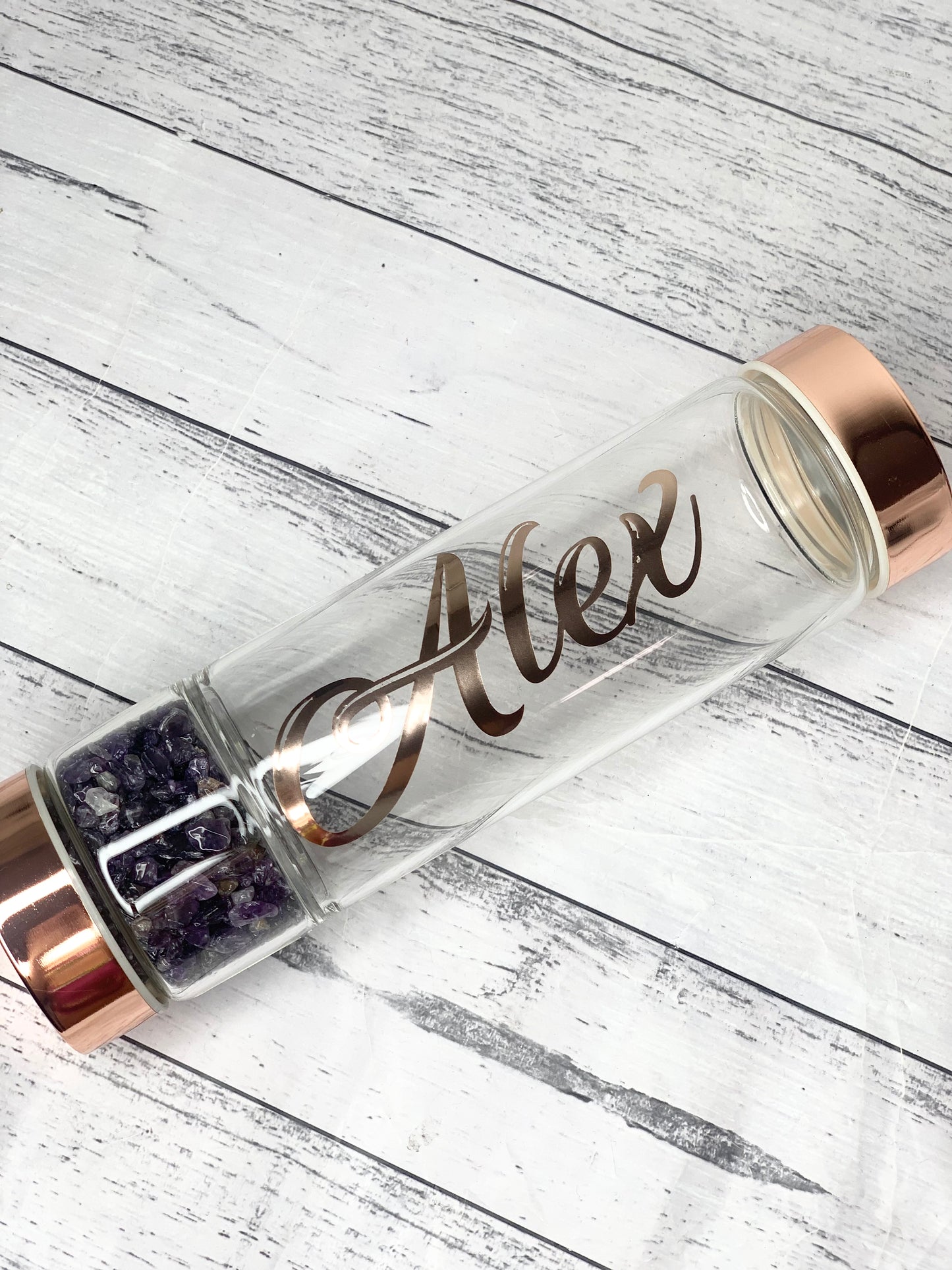 Amethyst crystal personalised name rose gold crystal water bottle with gemstone base and removable tea infuser