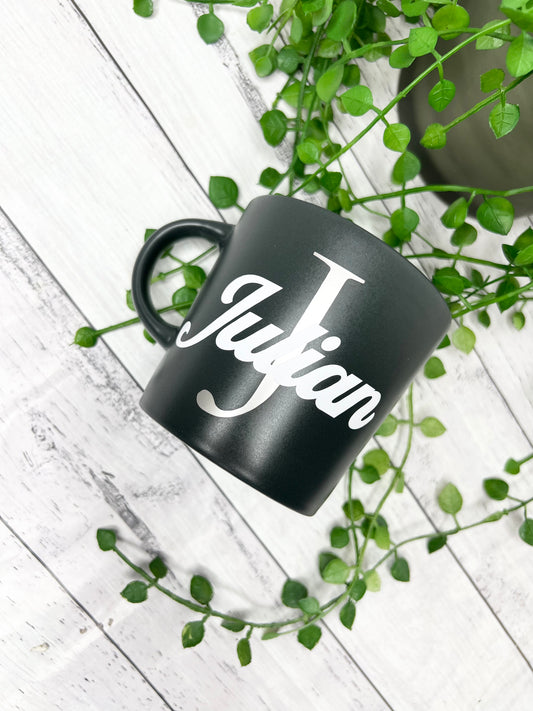 Personalised Dark Grey 300ml Mug with Initial Behind names