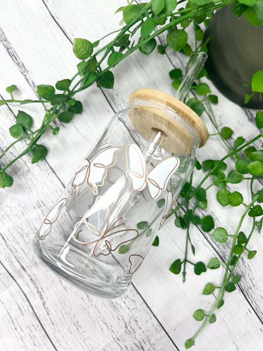 White Butterfly beer can ice coffee glass cup 470ml 16oz bamboo lid and glass straw