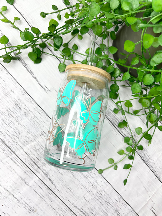 Aqua Butterfly beer can ice coffee glass cup 470ml 16oz with bamboo lid and glass straw