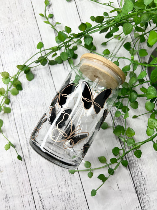 Black Butterfly beer can ice coffee glass cup 470ml 16oz with bamboo lid and glass straw